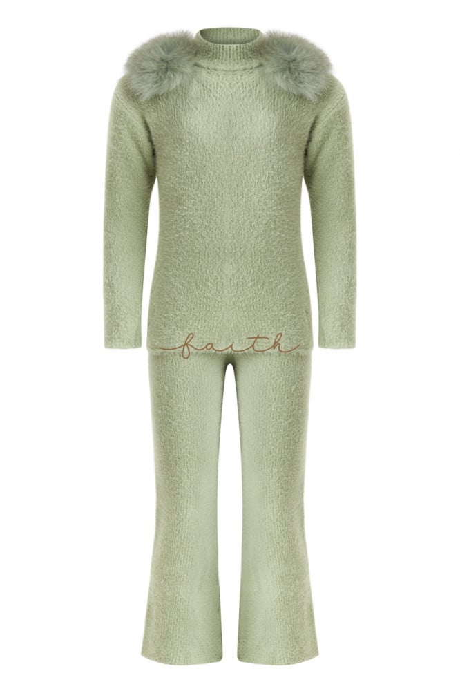 KIDS FOX FUR ON SHOULDERS GREEN FLUFFY SET