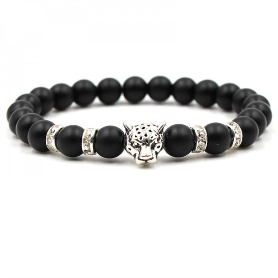 Bracelet with natural hematite stone, black beads, and silver tiger head