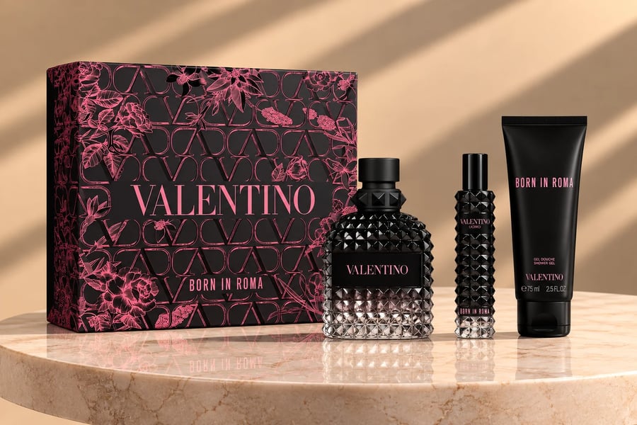 طقم فلنتينو اومو بورن ان روما اودي تواليت رجالي 100 مل + عطر بخ 15 مل + شورجل 75 مل