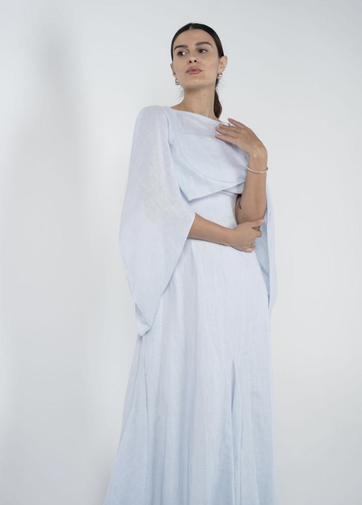 Sky blue linen dress with two pieces