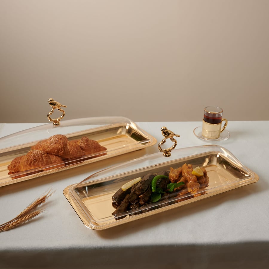 صحن العصفور بغطاء لتقديم الكيك أكريليك من سولتير، اللون ذهبي الحجم صغير