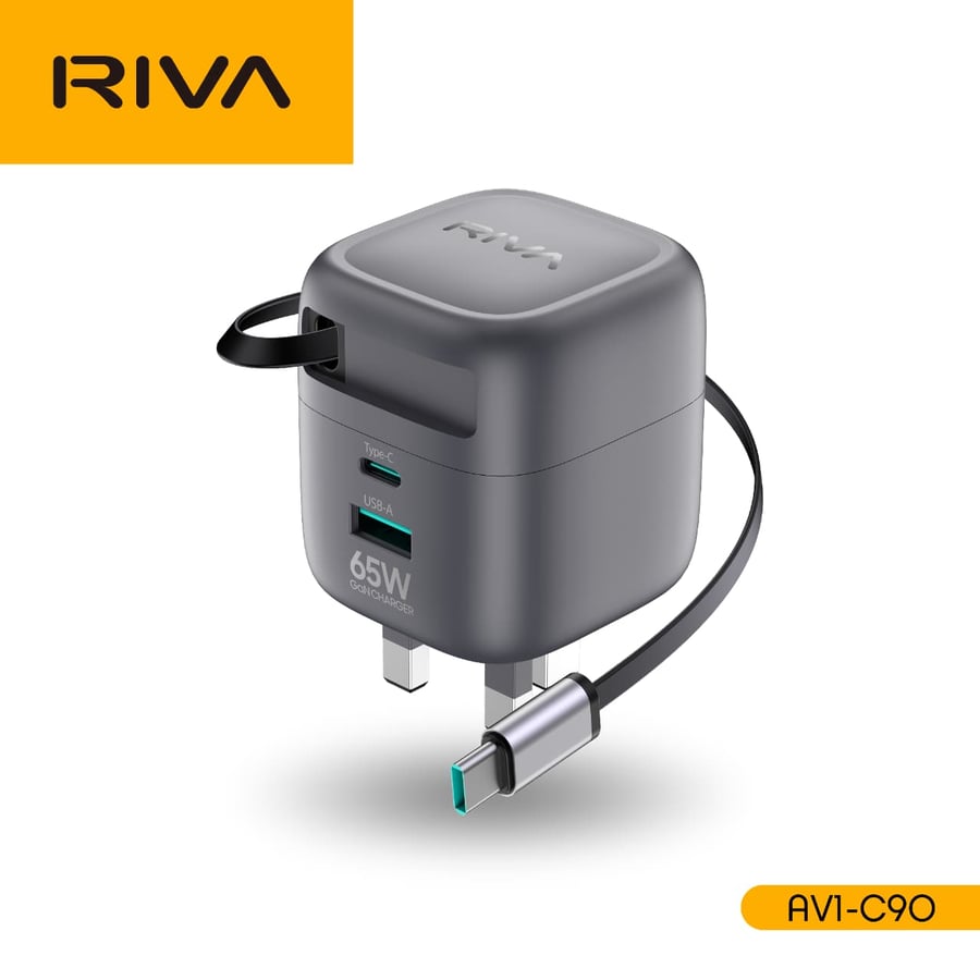 شاحن RIVA GaN 65 واط مع كيبل USB-C مدمج قابل للسحب يدعم الشحن السريع ل