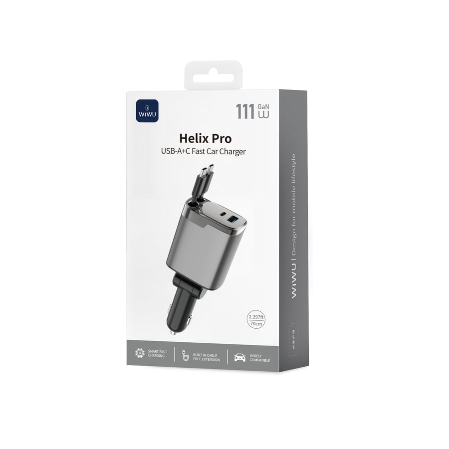 شاحن سيارة سريع Helix Pro بقوة 111 واط بمنفذي USB-A وC Wi-CC034