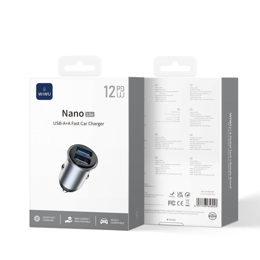 شاحن سيارة سريع Nano Lite بقوة 12 واط بمنفذي USB-A وC Wi-CC031