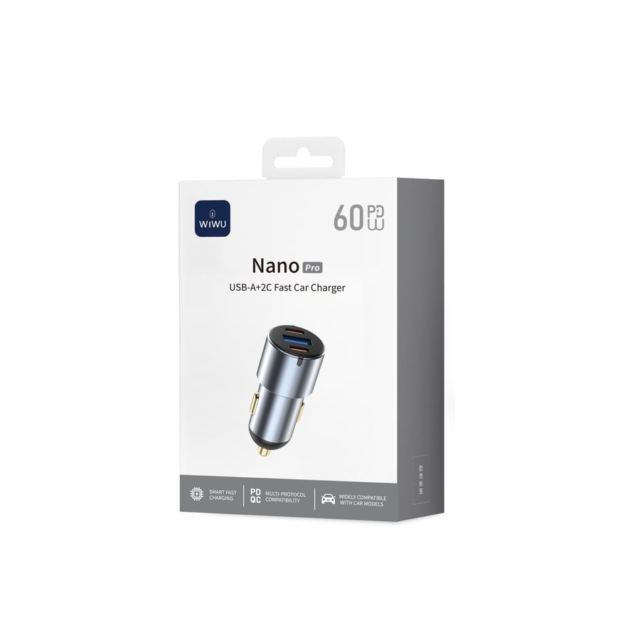 شاحن سيارة سريع Nano Pro بقوة 60 واط بمنفذي USB-A وC Wi-CC032