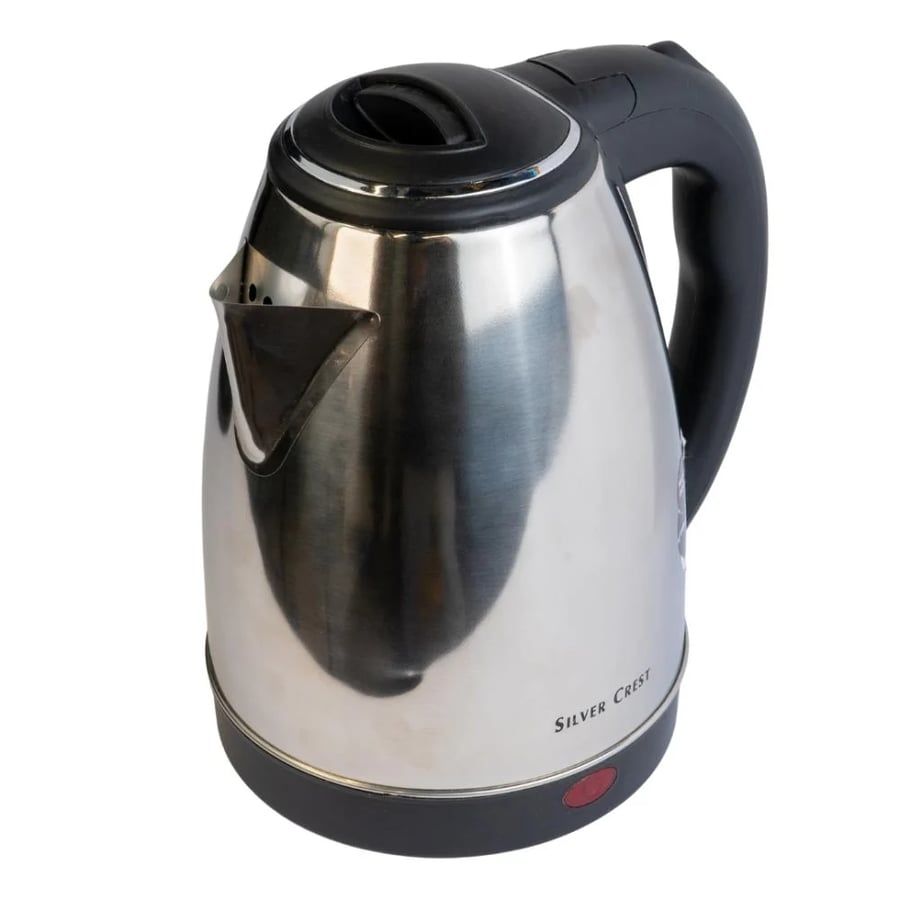 Stainless steel electric water kettle by Silver Crest with red indicat