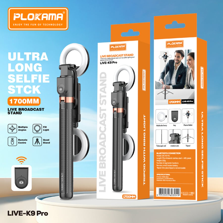 عصا سيلفي LIVE-K8 LED مع حامل ثلاثي