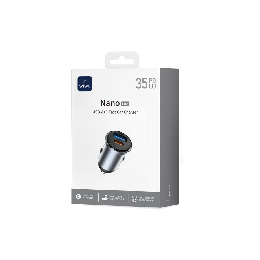 شاحن سيارة سريع Nano Lite بقوة 35 واط بمنفذي USB-A وC Wi-CC030