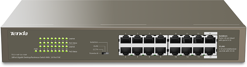 TEG1116P-16-150W 1000M&PoE محول جيجابت إيثرنت 16 منفذًا مع 16 منفذ PoE