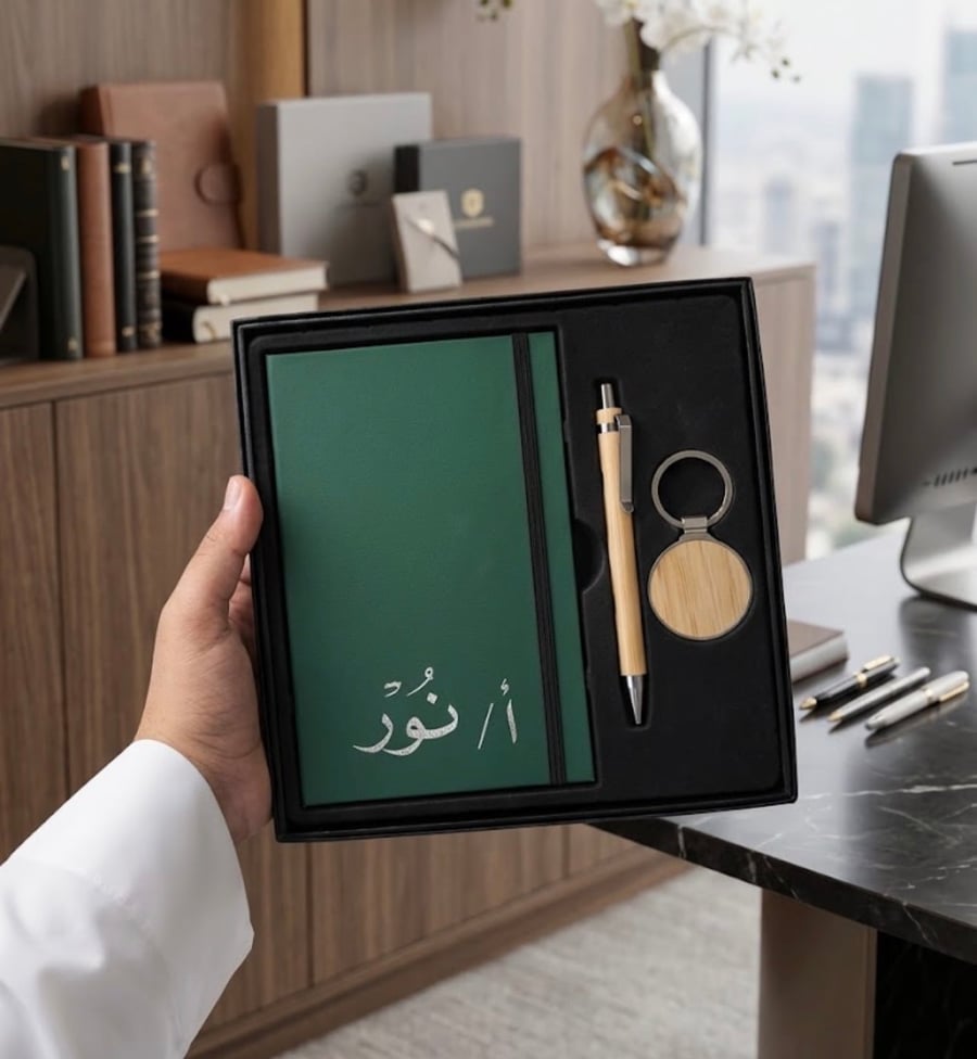 علبة إهداء سوداء فاخرة تحتوي على دفتر ملاحظات جيب بحزام مطاطي وقلم خشب