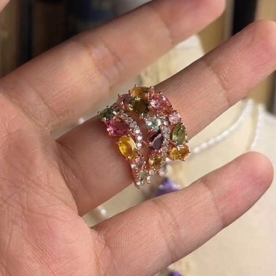 خاتم فضة (٩٢٥) مميز مطلي روز قولد مزين باحجار التورمالين الطبيعي