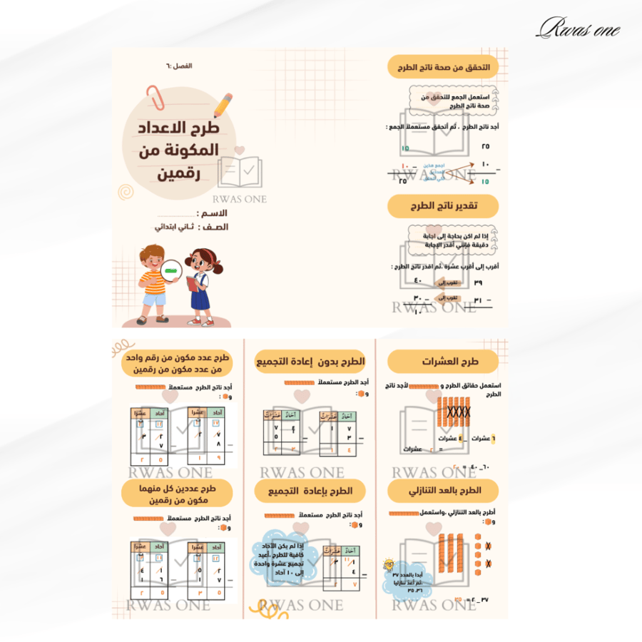 مطوية رياضيات الصف الثاني ( طرح الأعداد المكونة من رقمين )
