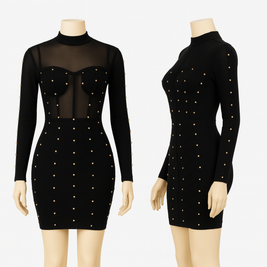 Short black sheer evening dress with gold embellishments