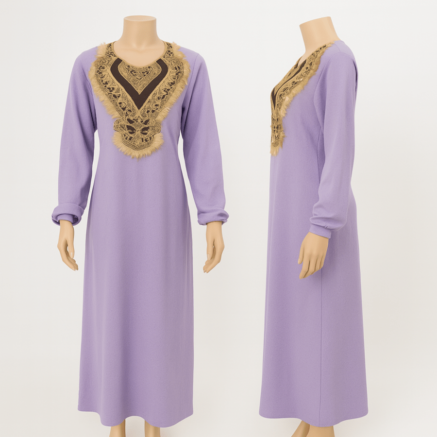 Long purple smooth thobe with embroidery and luxurious feathers