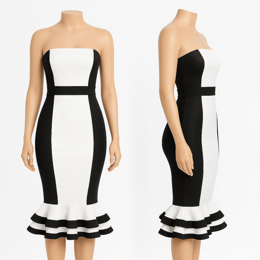 A monochrome evening dress, tight, sleeveless, with a ruffled hem.
