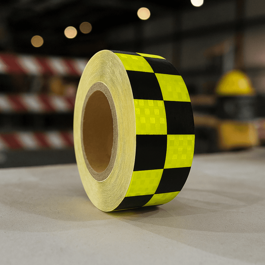 شريط تحذيري لاصق وعاكس للضوء Black Squares Yellow Reflective Tape عرض