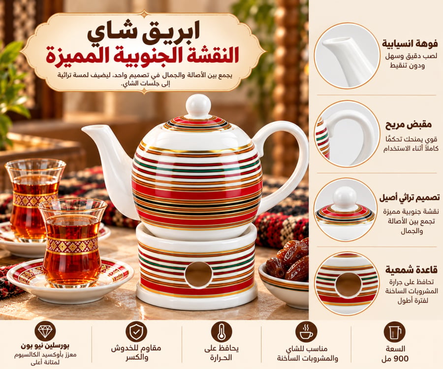 ابريق شاهي بورسلان النقشة الجنوبيه دائري مع قاعدة شمعه