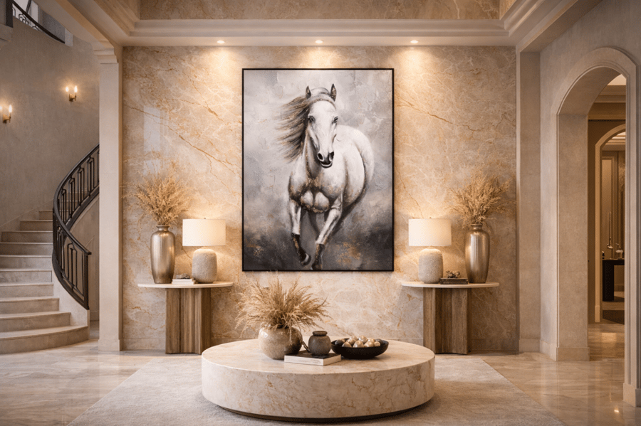 لوحة جدارية مودرن بتصميم حصان أبيض بإطار أسود
