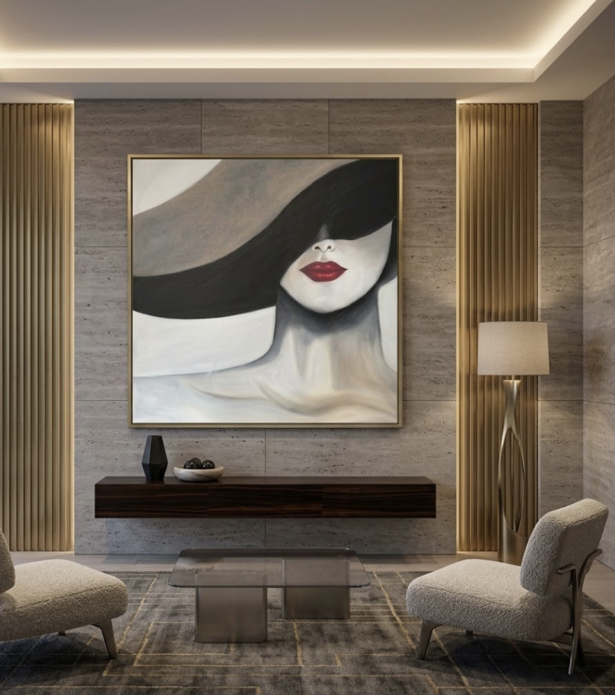 جديد لوحة جدارية رسم لامرأة أنيقة بقبعة سوداء