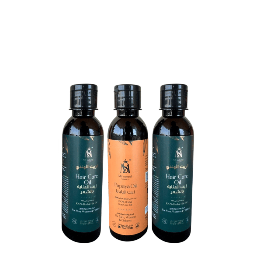 حصريا عرض الجمال الشامل: زيت الشعر الهندي بـ 21 عشبة (عبوتان) + زيت البابايا المفتح للبشرة – من MS Natural