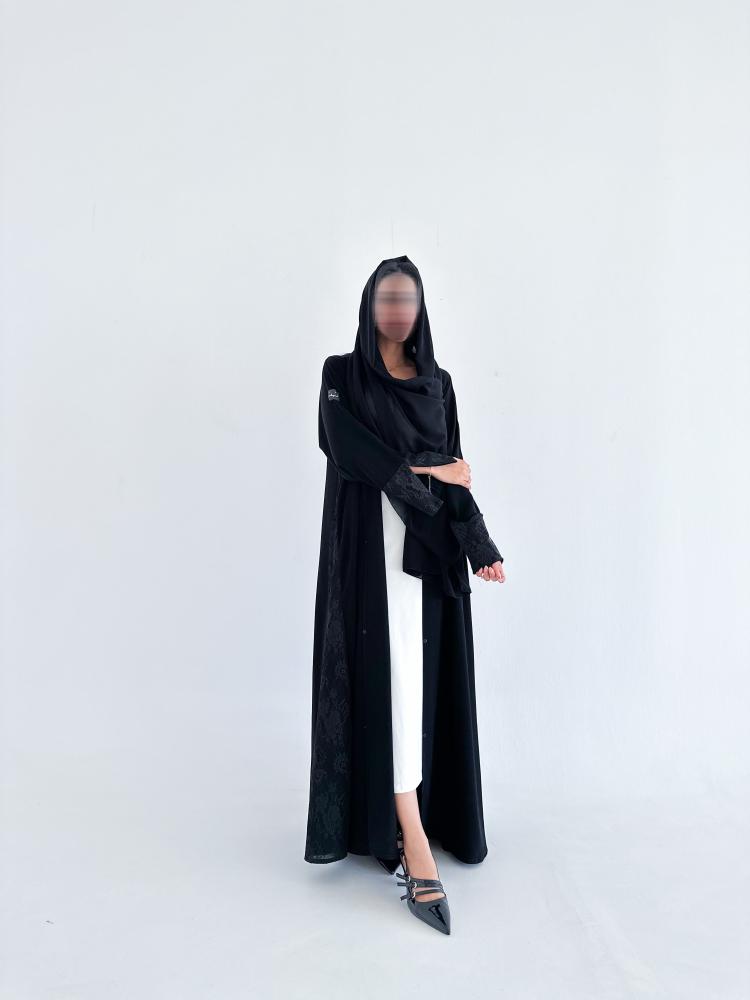 Ch107 Black abaya wide and sleeves French lace with cut in back lace