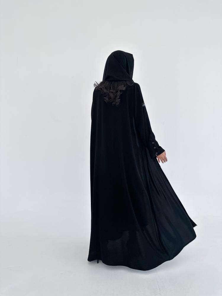 Ch107 Black abaya wide and sleeves French lace with cut in back lace