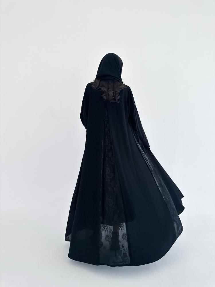 Ch107 Black abaya wide and sleeves French lace with cut in back lace