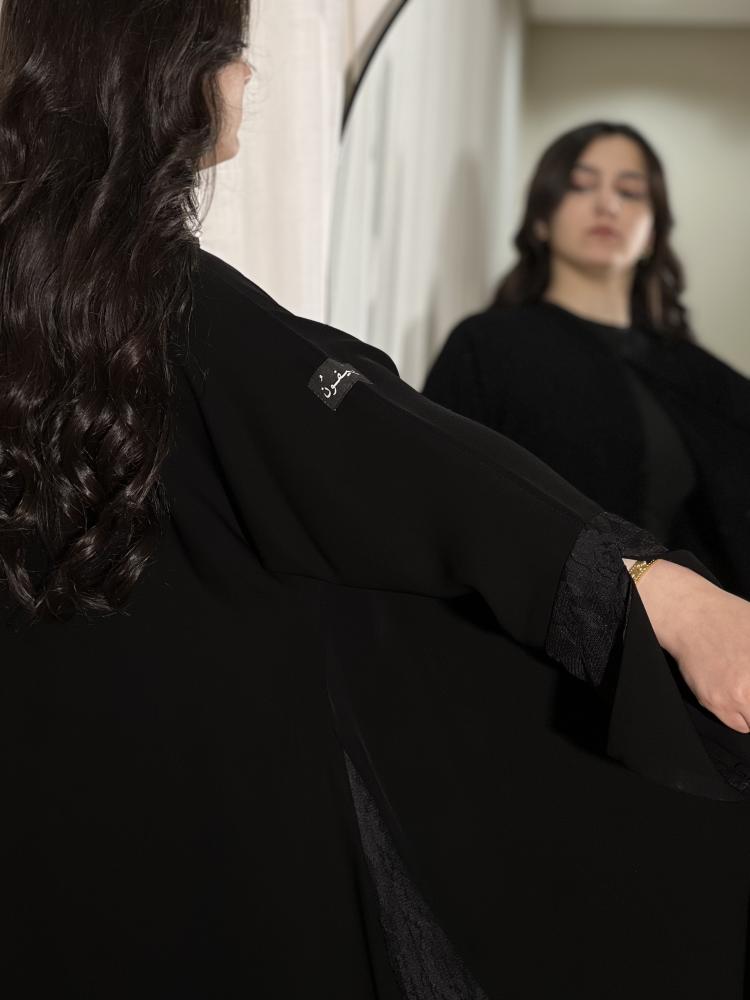 Ch107 Black abaya wide and sleeves French lace with cut in back lace