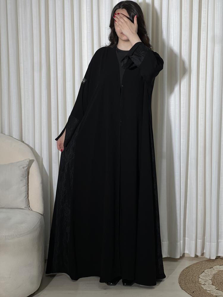 Ch107 Black abaya wide and sleeves French lace with cut in back lace