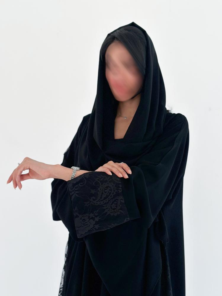 Ch107 Black abaya wide and sleeves French lace with cut in back lace