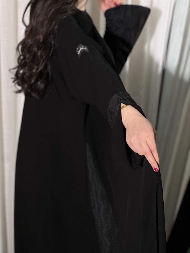 Ch107 Black abaya wide and sleeves French lace with cut in back lace