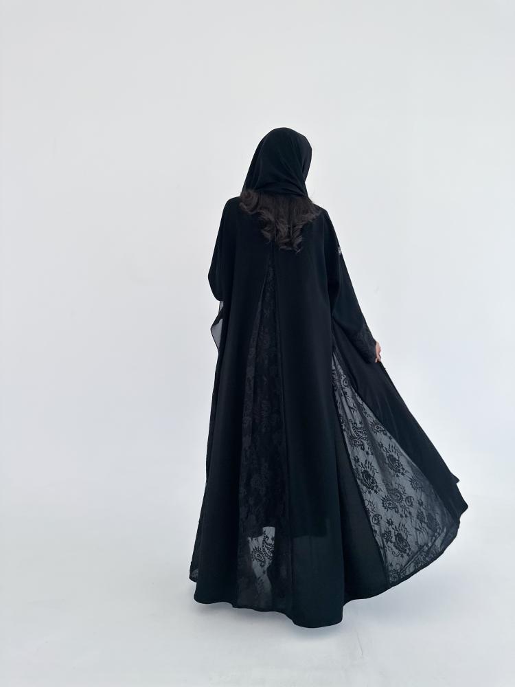 Ch107 Black abaya wide and sleeves French lace with cut in back lace