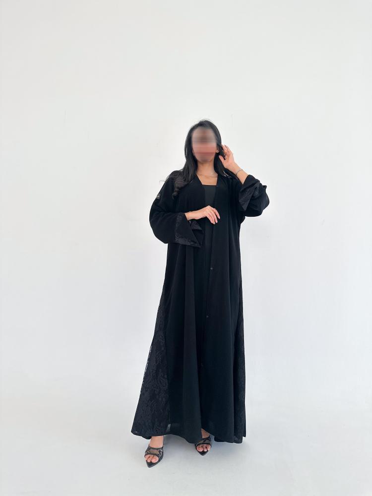 Ch107 Black abaya wide and sleeves French lace with cut in back lace