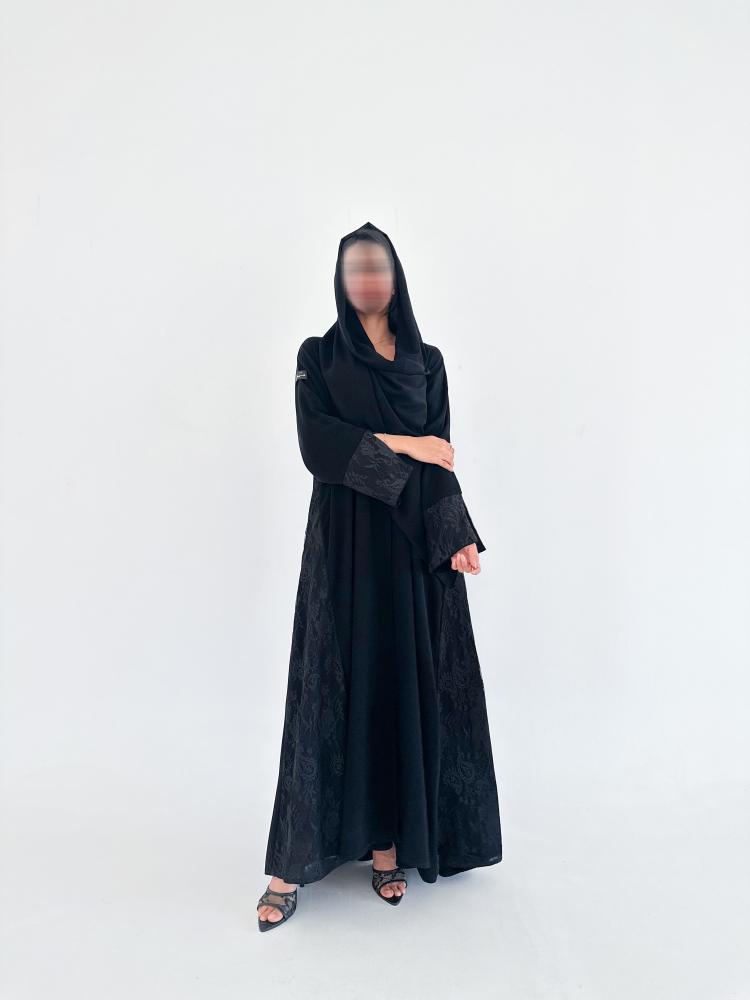 Ch107 Black abaya wide and sleeves French lace with cut in back lace