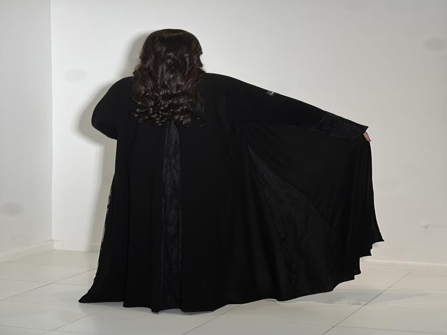 Ch107 Black abaya wide and sleeves French lace with cut in back lace
