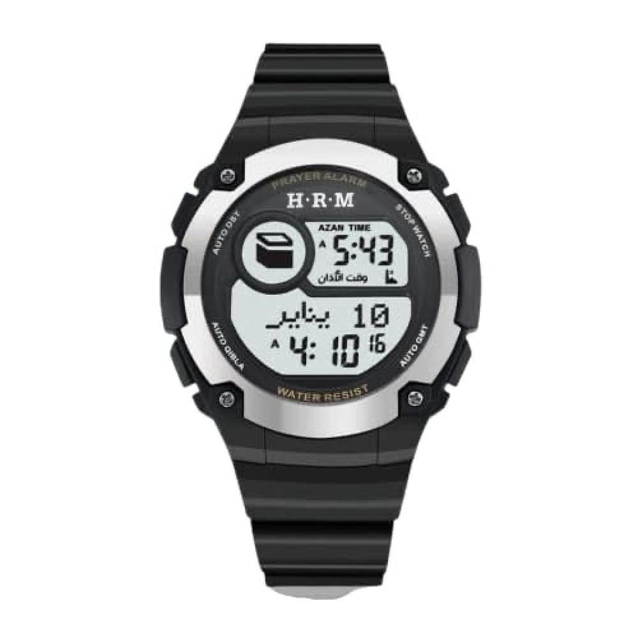صورة ساعة الحرمين الرياضية HA 6514 مقاس 49MM أسود إطار فضي