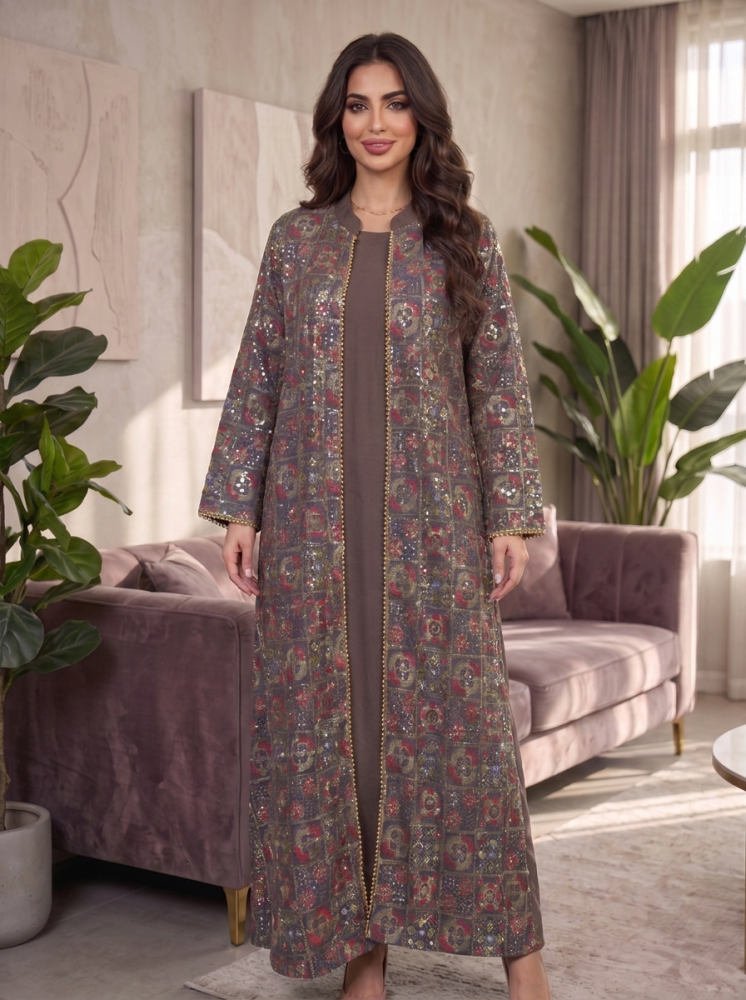 Women s Brown Layered Maxi Kaftan Dress with Patterned Overcoat Elegant 2 Piece Festive Abaya Set