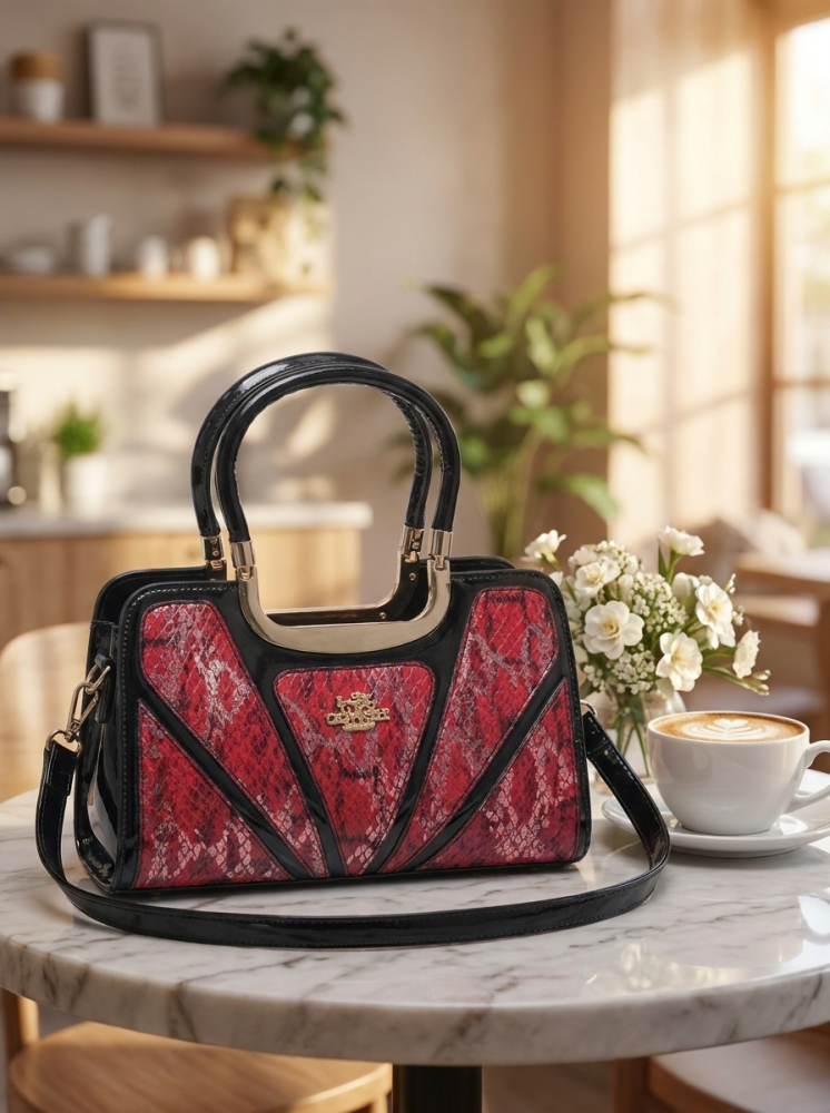 Women's Exotic Print Satchel with Patent Leather Accent - Top-Handle Handbag
