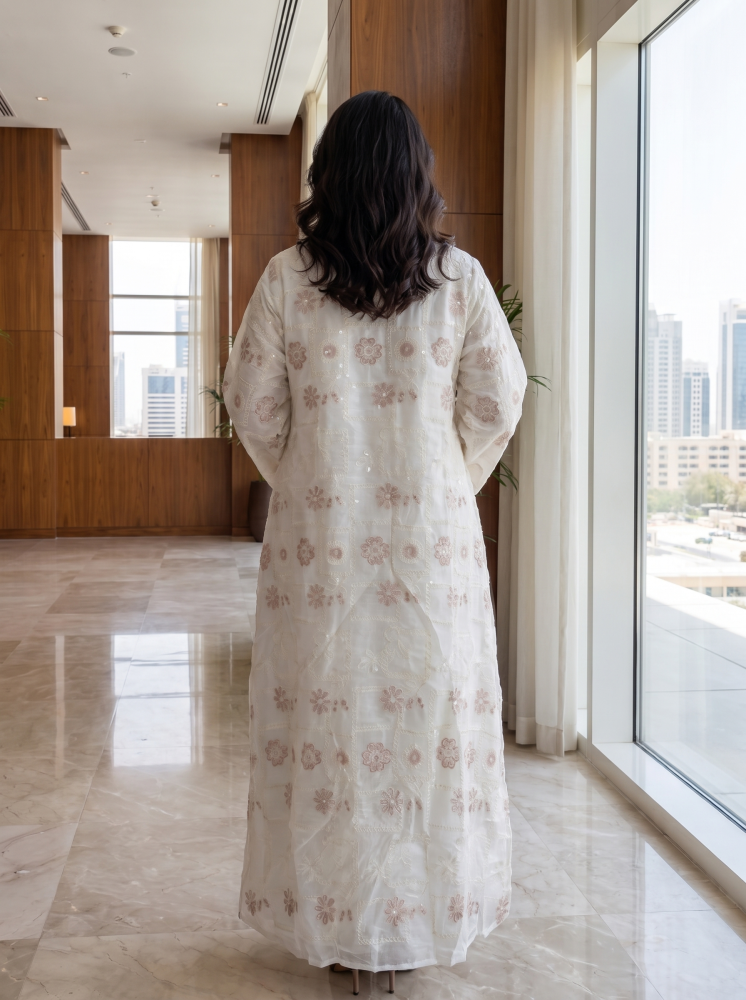 Women’s White & Brown Floral Embroidered Maxi Kaftan Dress – Elegant Long-Sleeve Festive Abaya
