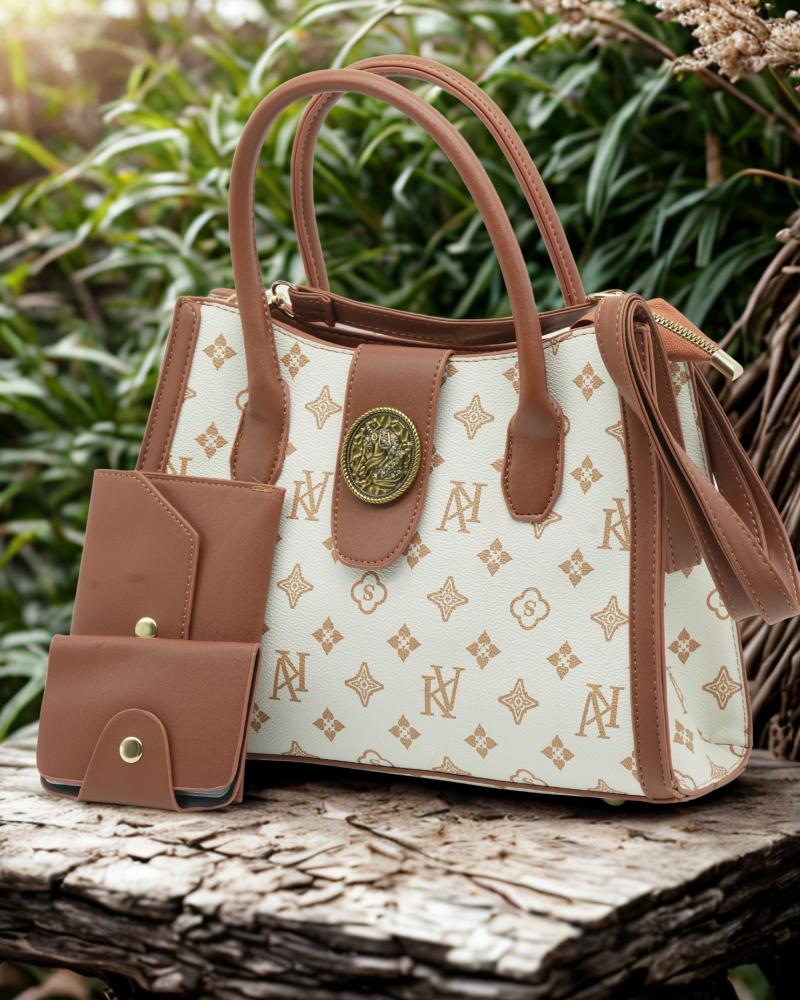 Luxury Brown White Monogram Tote Handbag with Matching Wallet Designer Inspired PU Leather Purse for Women