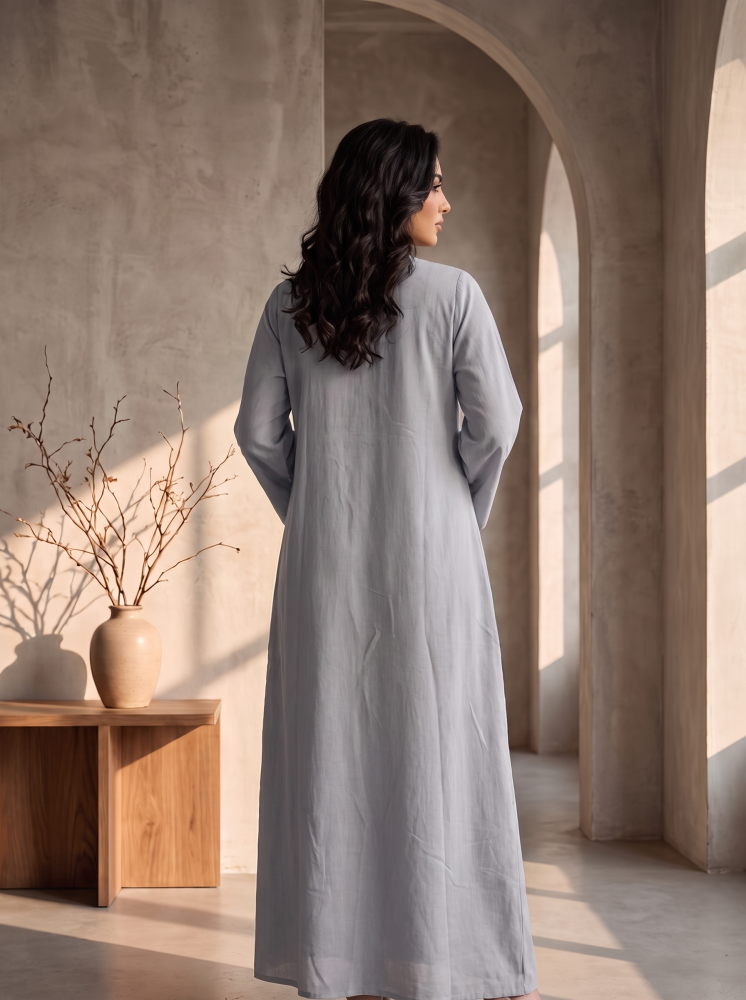 Women’s Gray Embroidered & Embellished Maxi Kaftan Dress – Elegant Long-Sleeve Festive Abaya