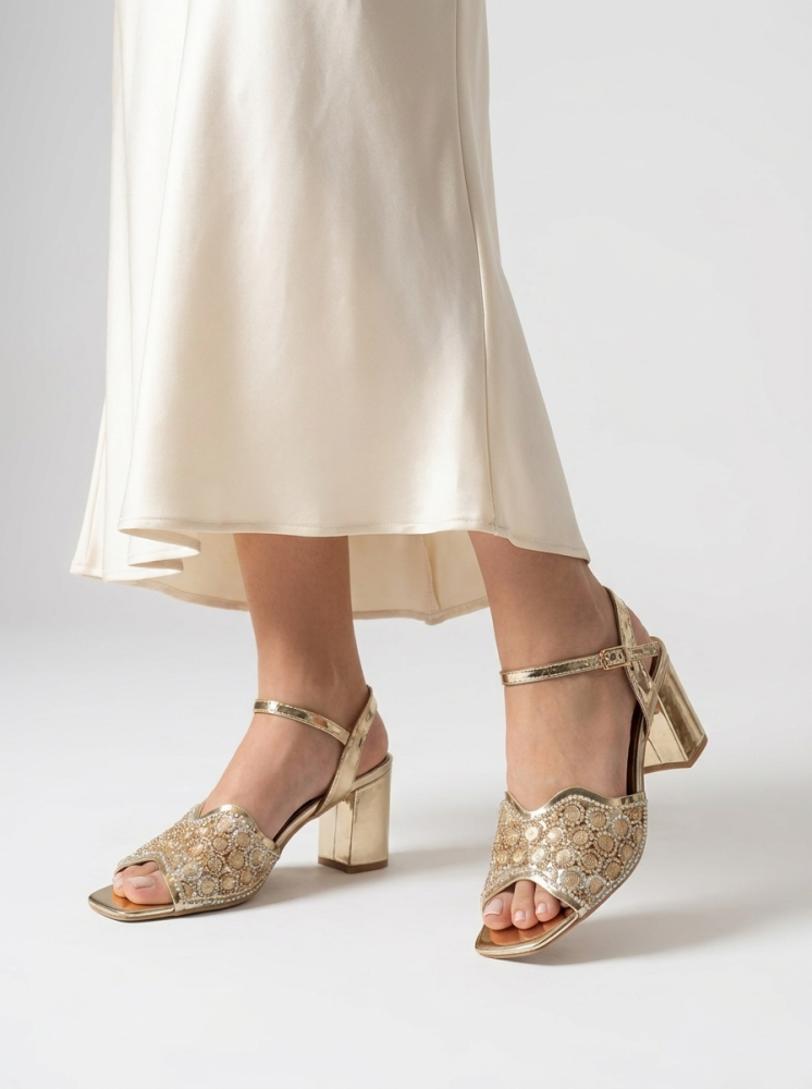 Women s Gold Embellished Block Heel Sandals Beaded Ankle Strap Party Heels