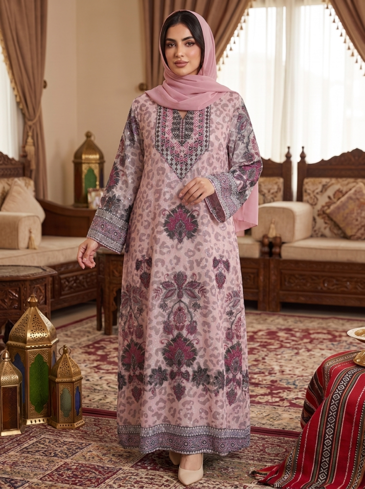 Women’s Pink Animal Print Embroidered Maxi Kaftan Dress – Elegant Long-Sleeve Dress