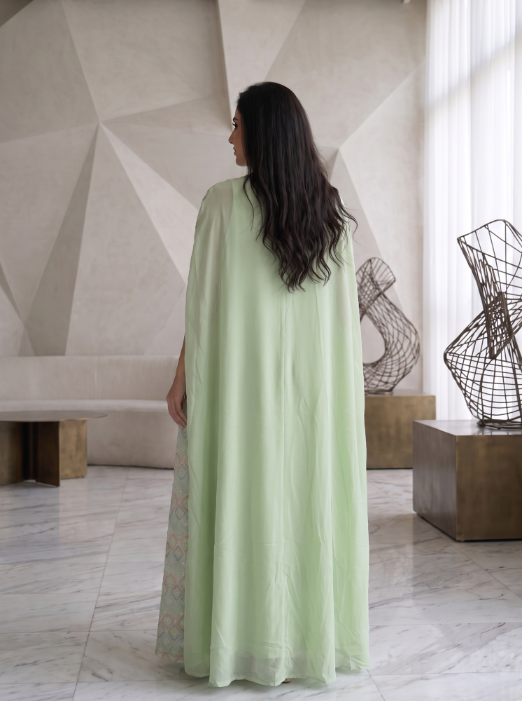 Women’s Green Layered Maxi Kaftan Dress with Patterned Overcoat – Elegant 2-Piece Festive Abaya Set