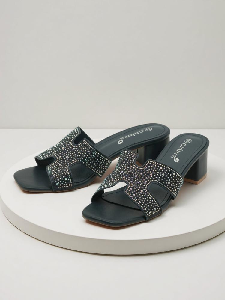Women's Navy Blue Rhinestone Cutout Low Block Heel Slide Sandals - Sparkly Square Toe Mules