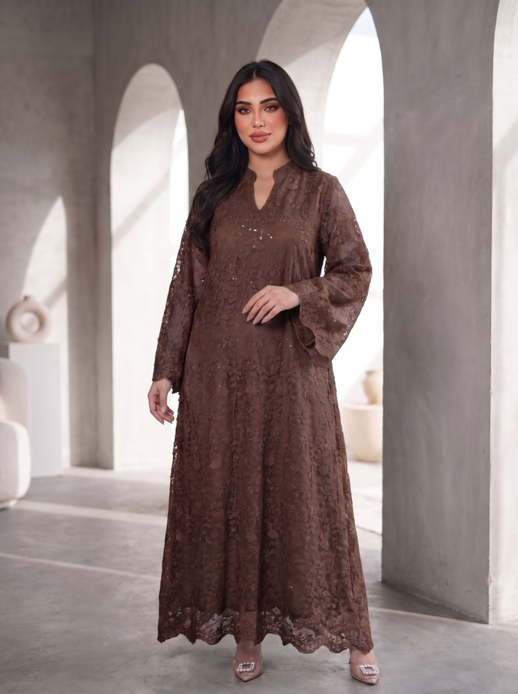Women s Coffee Lace Overlay Sequin Maxi Kaftan Dress Elegant Long Sleeve Festive Abaya