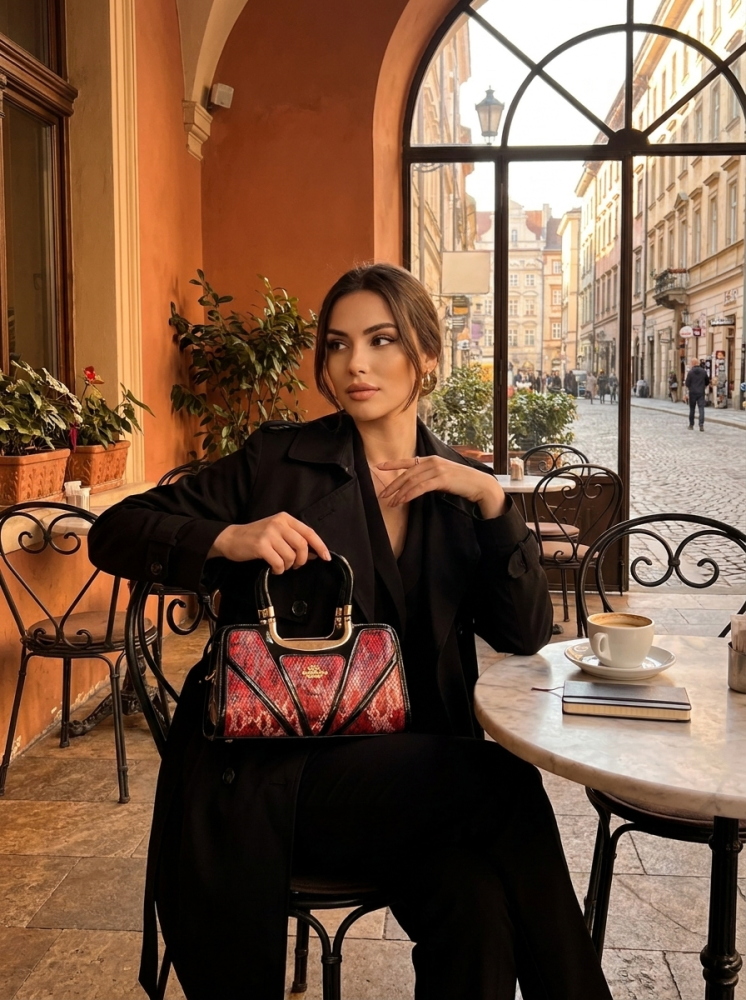 Women's Exotic Print Satchel with Patent Leather Accent - Top-Handle Handbag