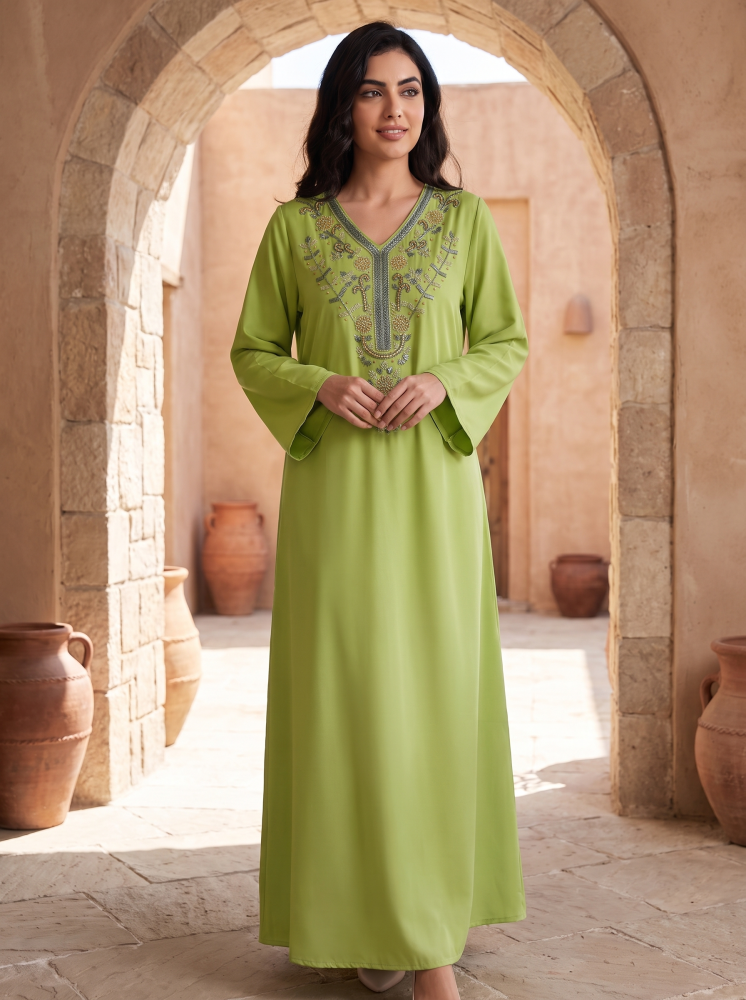 Women s Olive Green Embroidered V Neck Maxi Kaftan Dress Elegant Long Sleeve Festive Abaya
