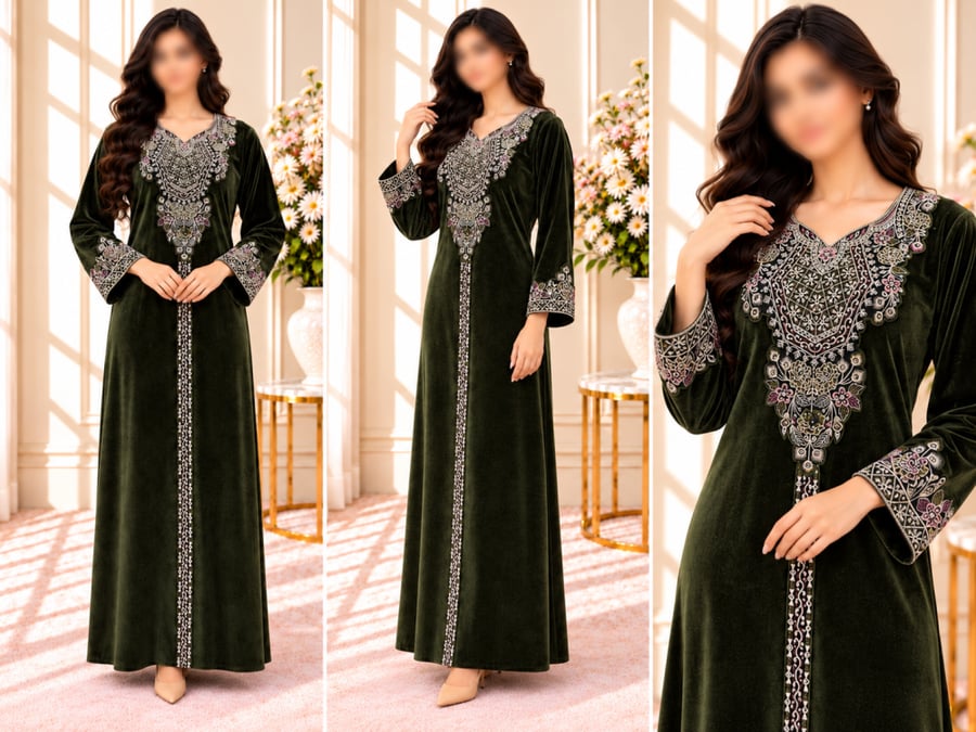 جلابيه مخمل ملكي اخضر زيتي -تطريز
