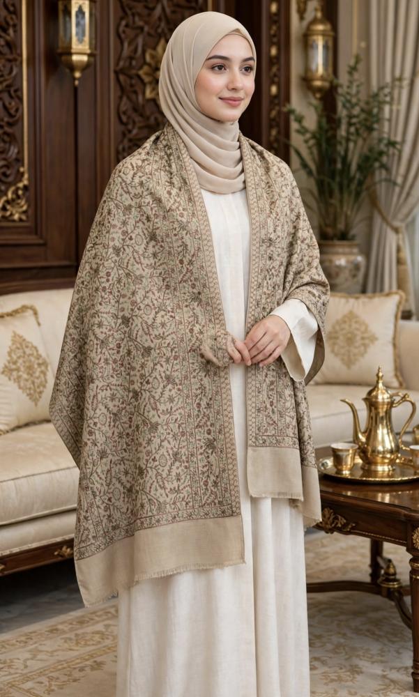 شال كشميري بتطريز بني هادئ